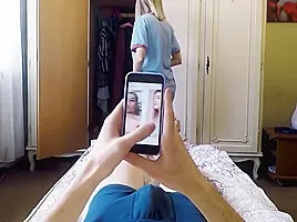 Masturbation of the penis by the hands of a busty concubine near