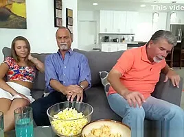 Step dad sleeping while daughter bangs his friend