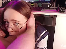 A Gentle Schoolgirl Sucked A Guy While He Was Working At The Computer